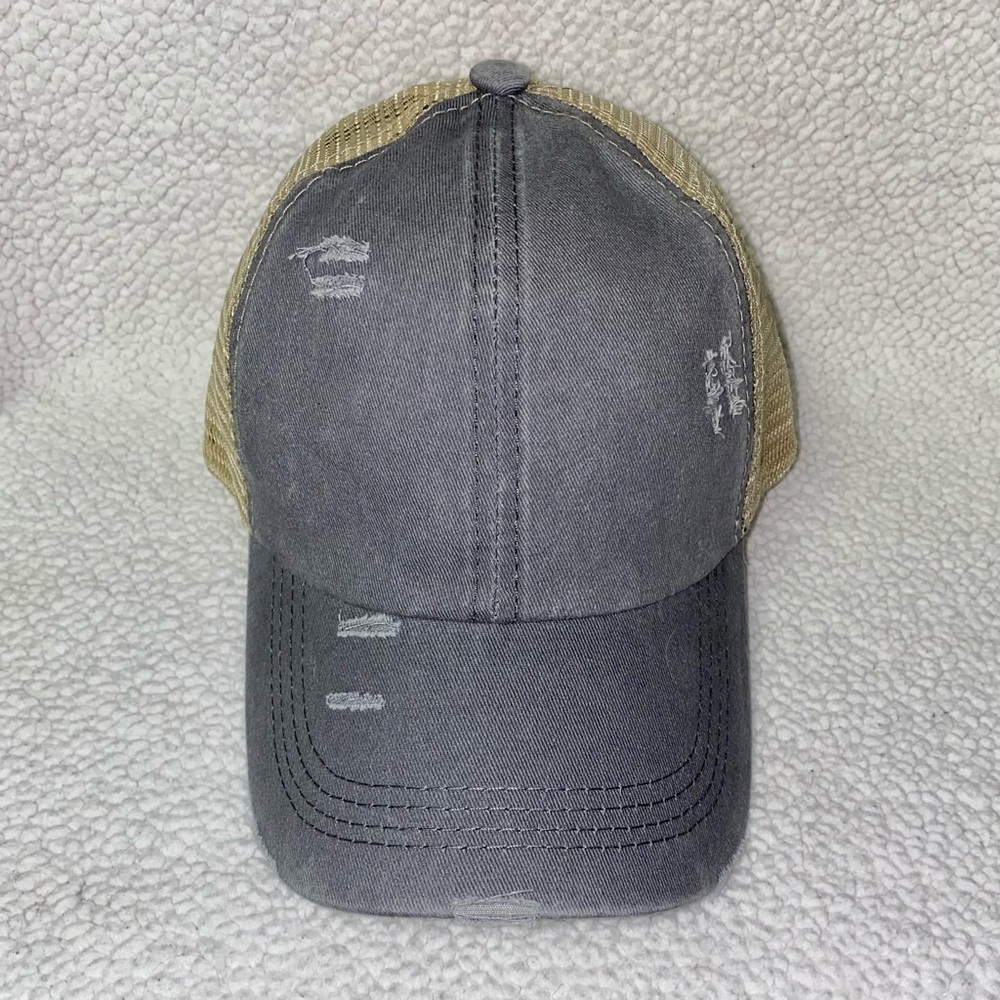 Gray Distressed Crisscross Ponytail Mesh Hat